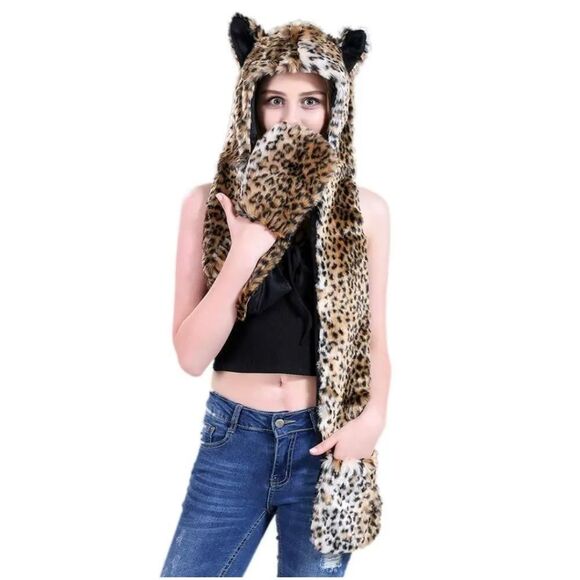 Faux Fur Hat Hood Scarf Full Pockets Ear Flat Cap Hoodie Winter Party Costume main image 2